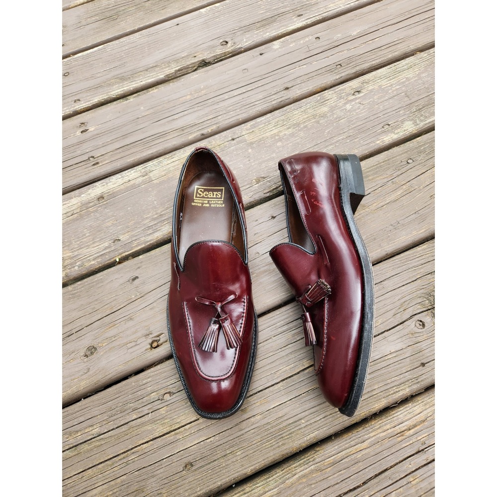 Vintage 80s Sears Tassel Loafers‎ Burgundy Leather Moc Toe Dress Shoes Mens 10 D